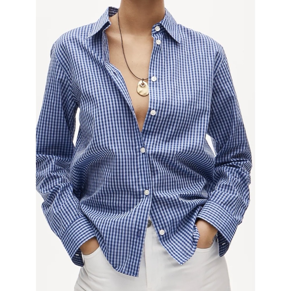 j mclaughlin Button Up Gingham Plaid Long Sleeve Women's Large Blue Cotton